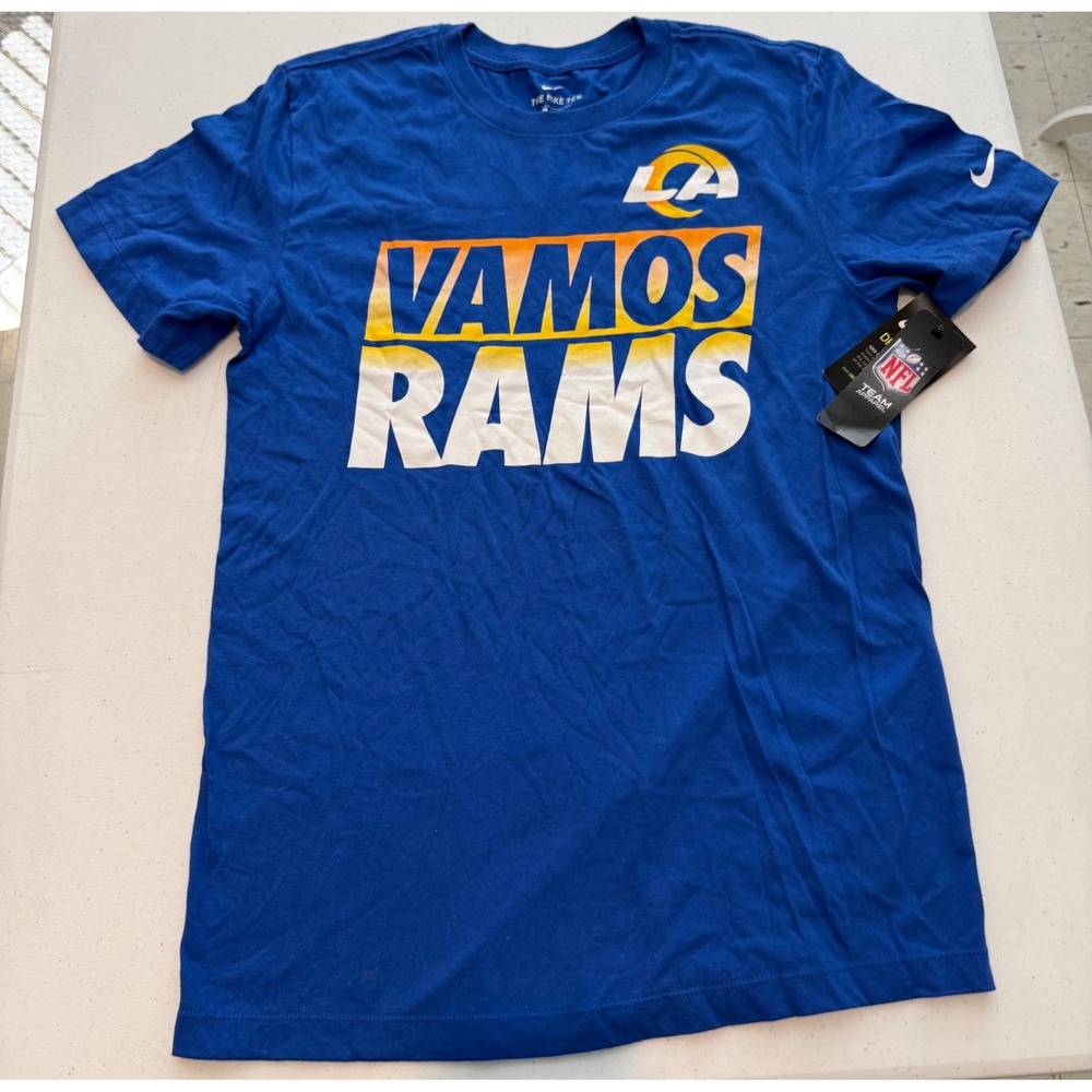 Nike NFL Los Angeles Rams Vamos Rams Blue Dri-FIT Graphic T-Shirt Mens Small
